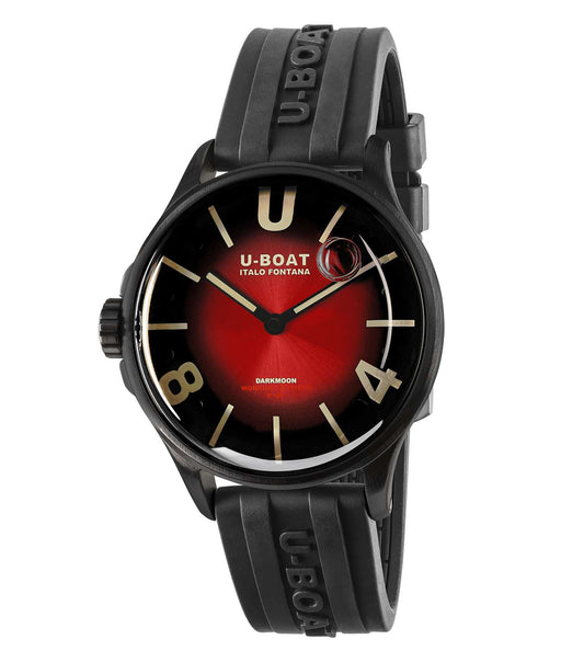 U-Boat coral red watch side profile, featured in an easygoing flow, showcasing intricate details and luxurious craftsmanship.