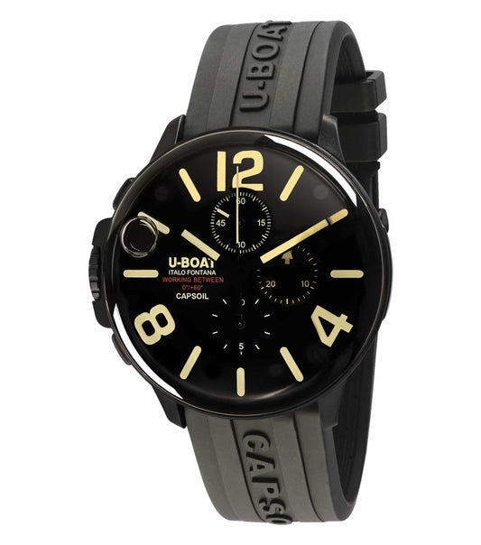 U-Boat Black Watch in side angle view, showcasing bold Roman numerals, detailed dials, and polished case against white background