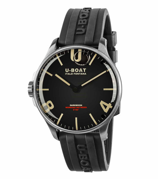 Elegant U-Boat black watch showcasing bold design, side angle view highlighting intricate details and sleek, modern craftsmanship.