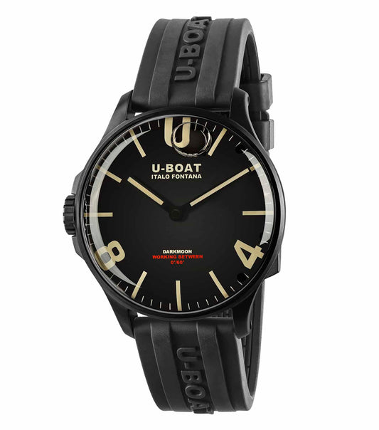 U-Boat black watch showcasing its robust design from a frontal angle, highlighting its intricate dial and craftsmanship