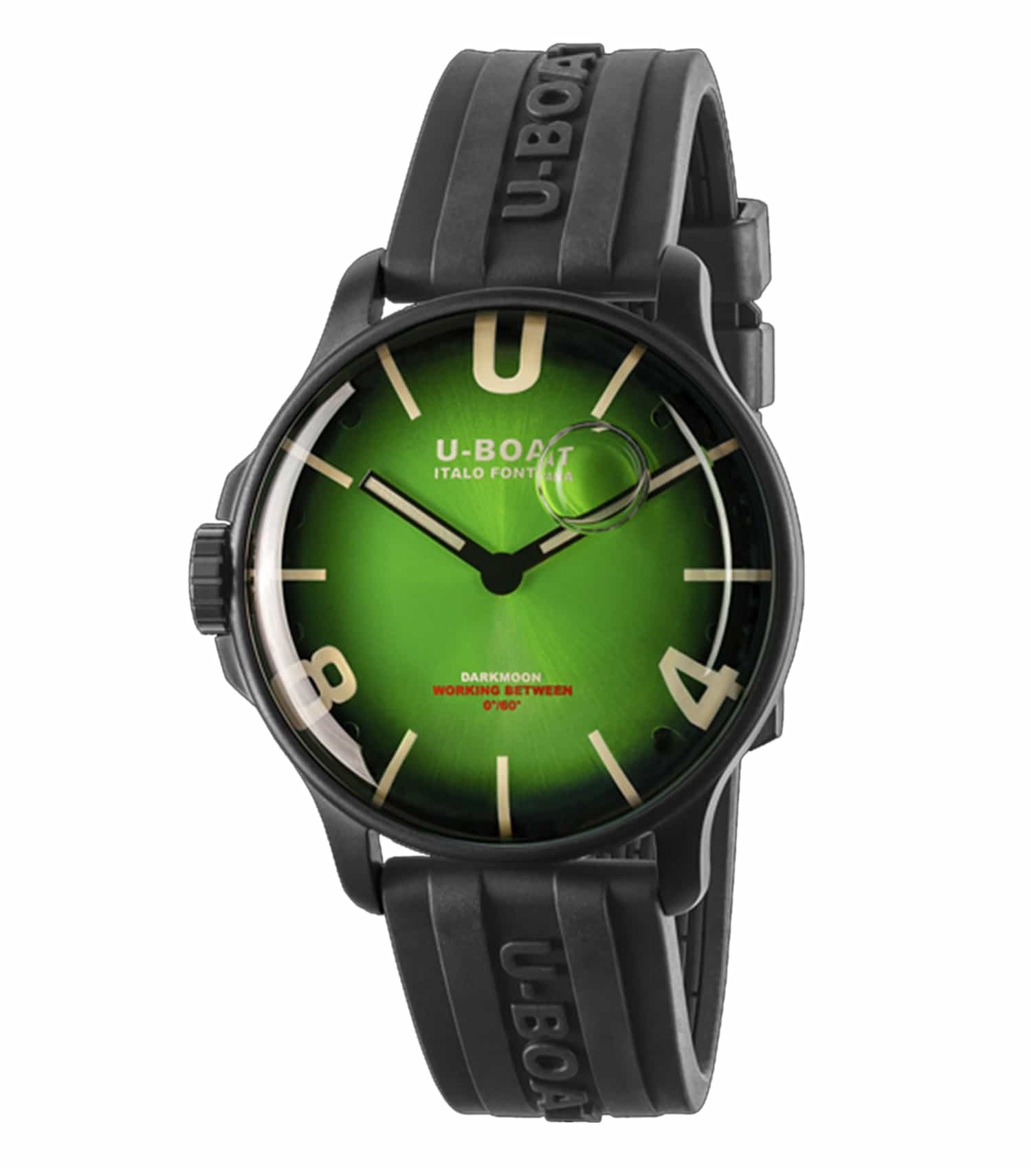 U-Boat green watch close-up, showcasing its robust design and craftsmanship from a side angle, appealing to watch enthusiasts.