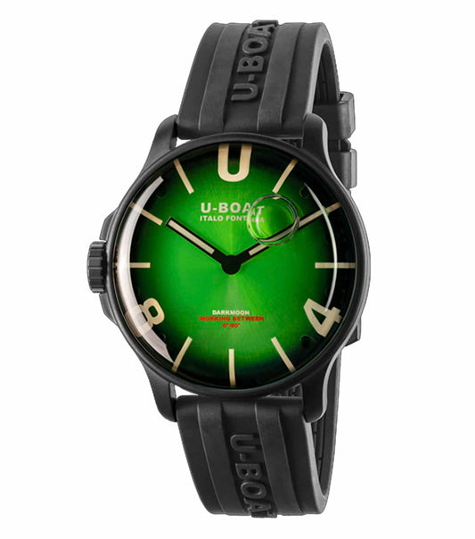 U-Boat green watch close-up, showcasing its robust design and craftsmanship from a side angle, appealing to watch enthusiasts.