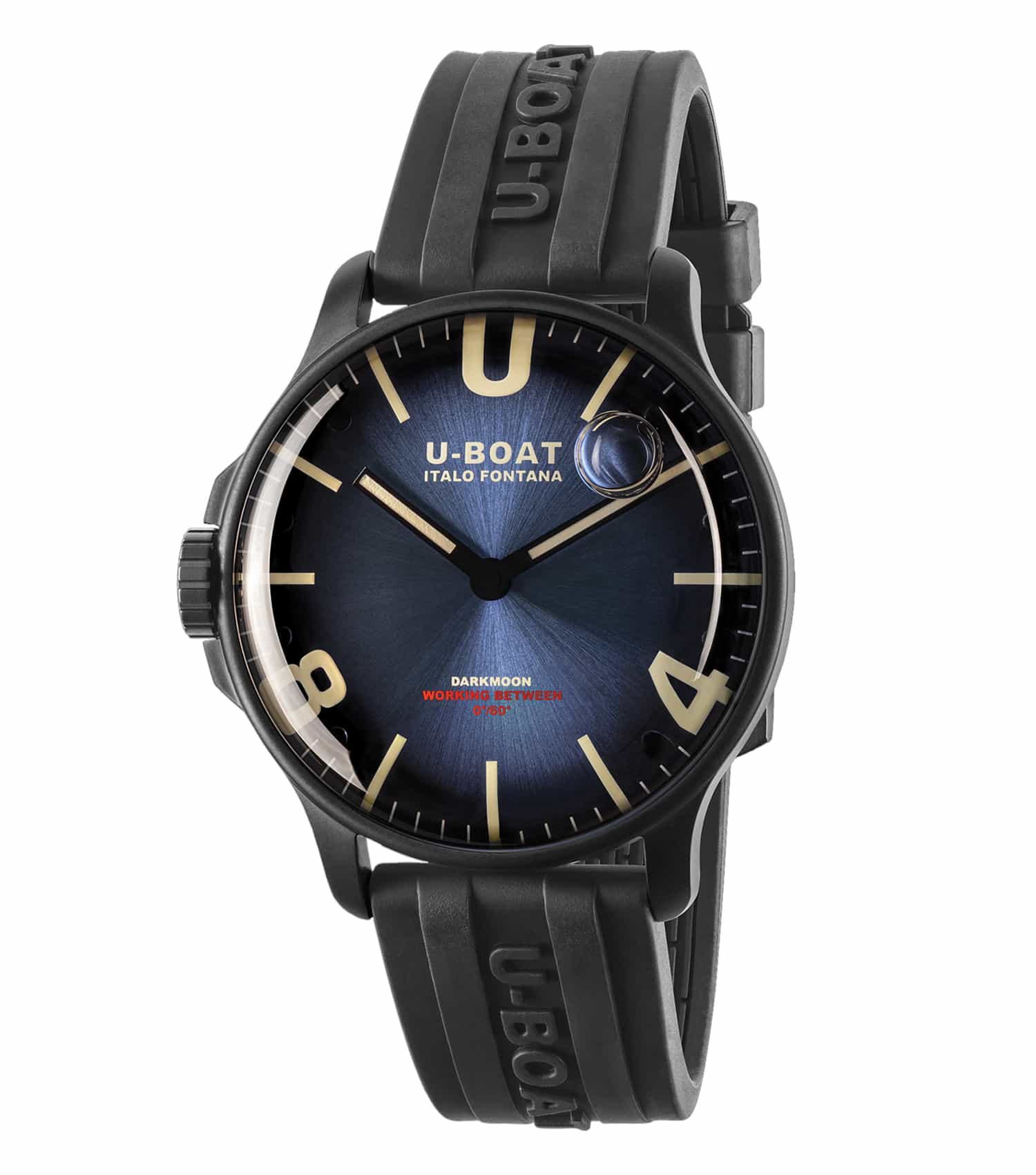 U-Boat blue watch, top angle view; luxurious timepiece with stainless steel frame and leather strap, showcasing elegance.