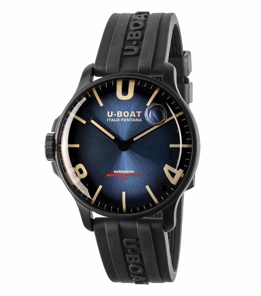 U-Boat blue watch, top angle view; luxurious timepiece with stainless steel frame and leather strap, showcasing elegance.