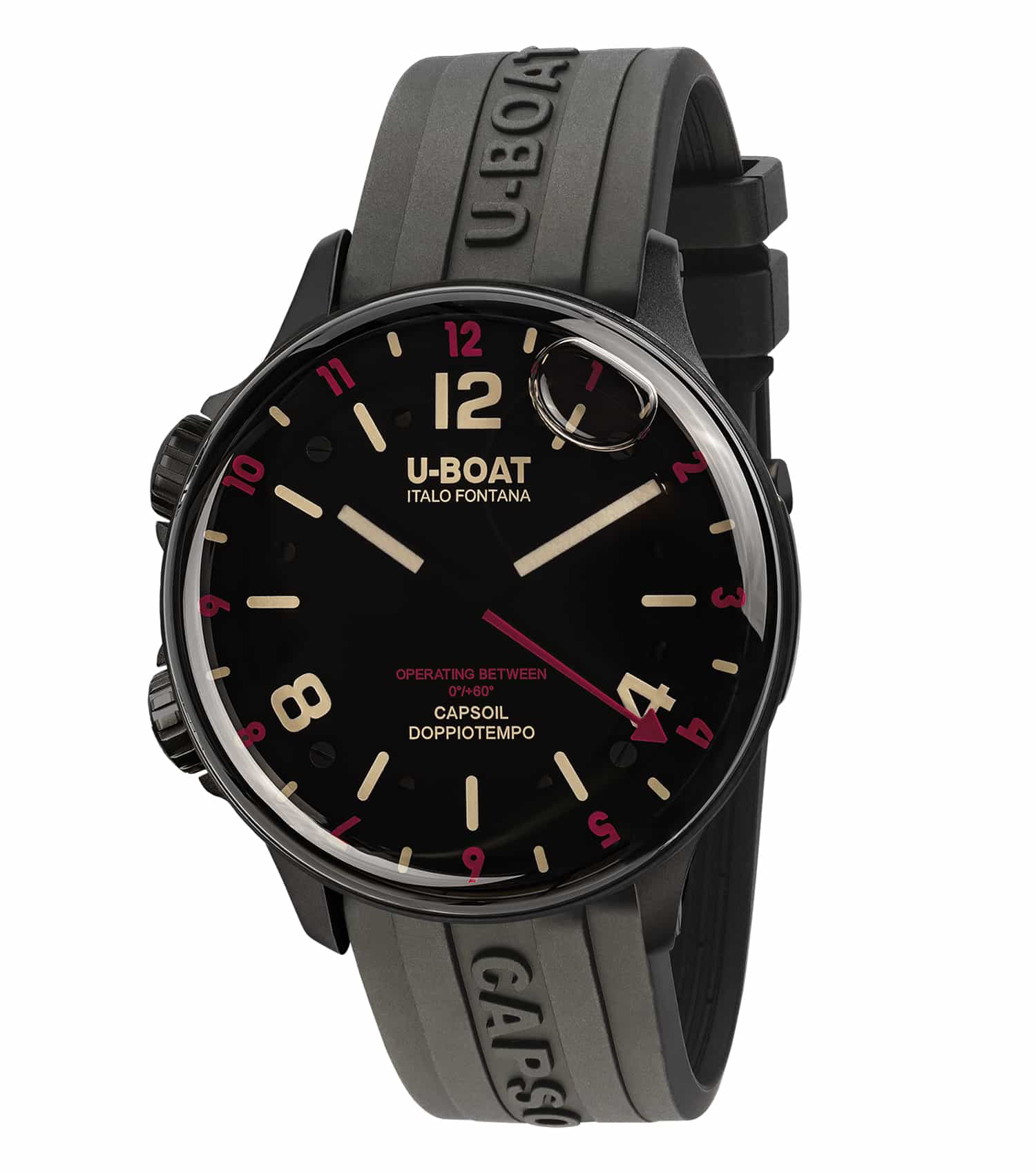 U-Boat wristwatch in vibrant red color, showcasing a side angle of the artisanal dial and robust strap design.