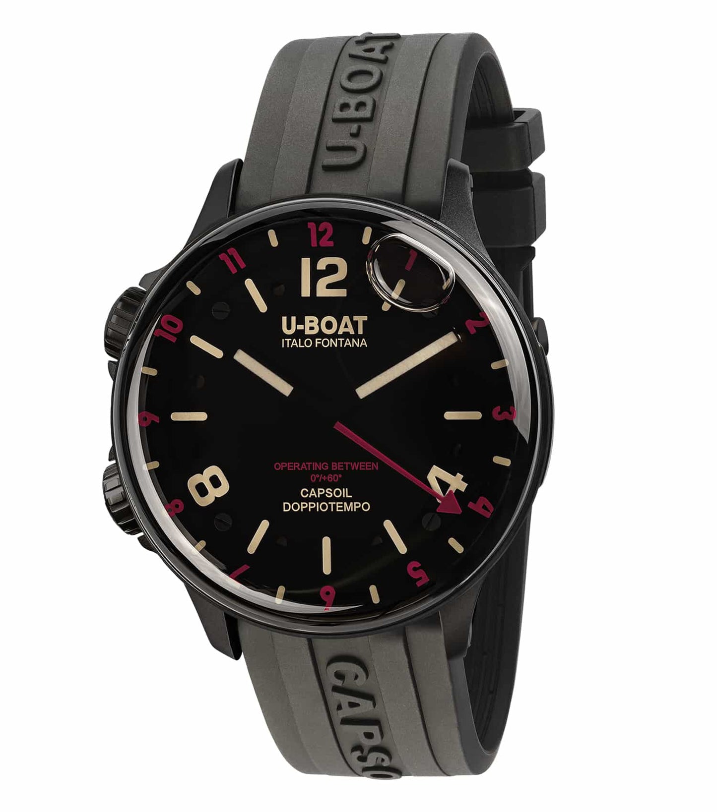 U-Boat wristwatch in vibrant red color, showcasing a side angle of the artisanal dial and robust strap design.