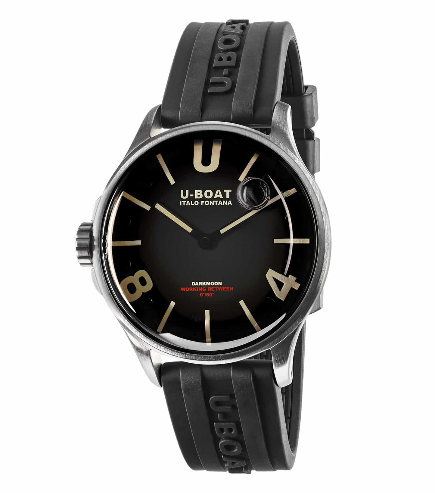 U-Boat black watch, stylishly designed with intricate details, showcased at a 40-degree angle against a white backdrop.