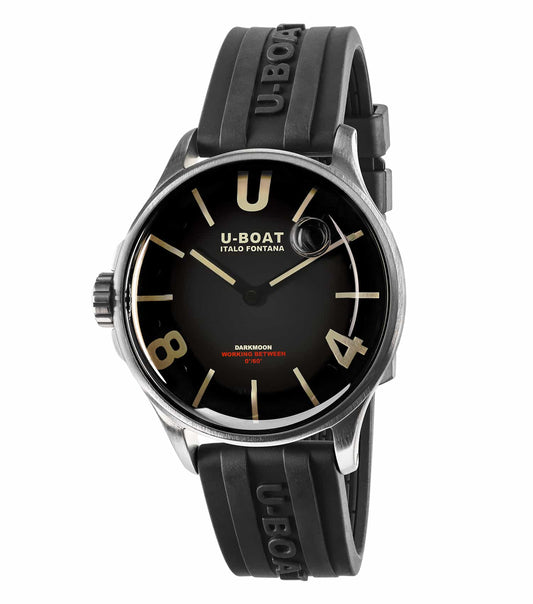 U-Boat black watch, stylishly designed with intricate details, showcased at a 40-degree angle against a white backdrop.