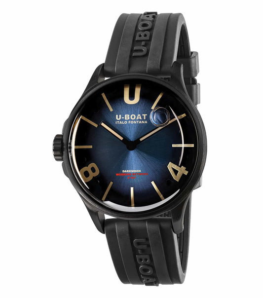 U-Boat blue watch with round face, sleek silver bezel, black leather strap; angled slightly left showcasing the crown.