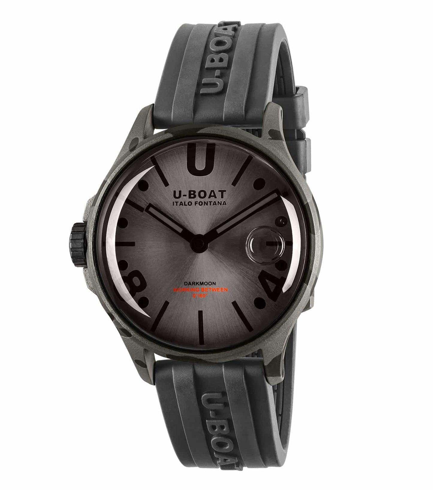 Grey U-Boat watch showcasing classic design, leather strap, detailed dials; side angle highlights craftsmanship and elegance.