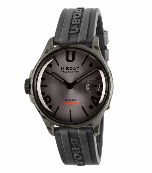 Grey U-Boat watch showcasing classic design, leather strap, detailed dials; side angle highlights craftsmanship and elegance.