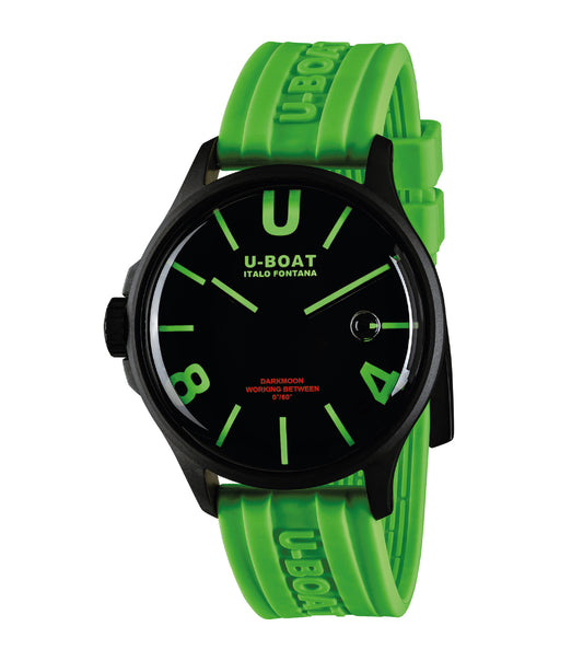 U-Boat watch in striking Bk Green color, angled view showcasing intricate design, robust build, and signature bold style.