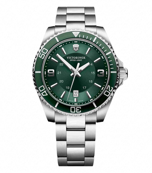 VictorInox Swiss Army silver watch with chronograph-styled black dial, side angle view showcasing elegant design and precise details.