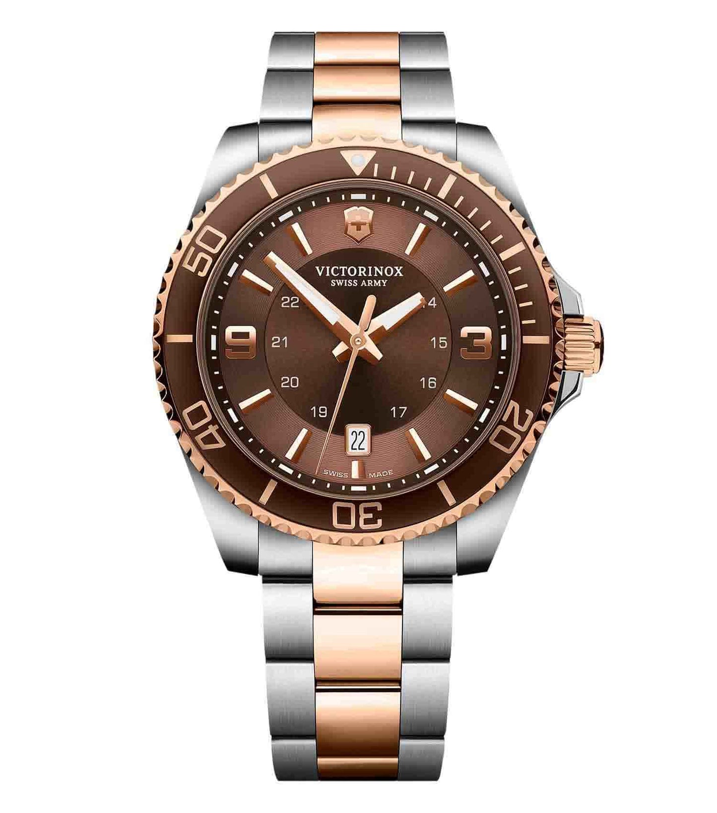 Victorino Swiss Army 43mm watch in a stylish two-tone design, showcasing intricate detailing at a slight angle for elegance.