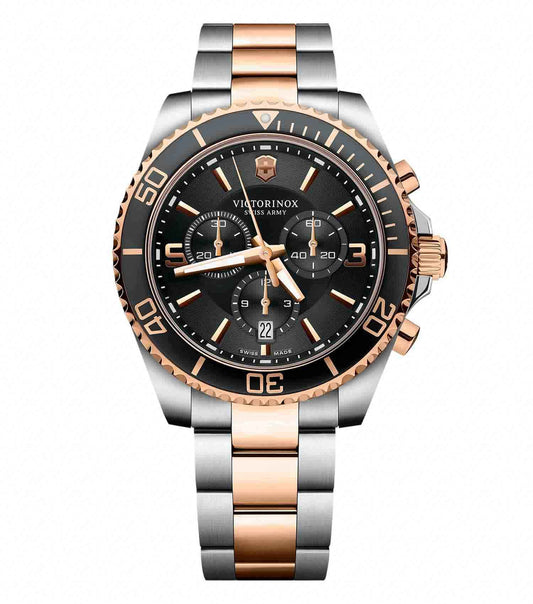 VictorInox Swiss Army watch in striking 2-tone color, showcasing classic design and elegance from a front-side angle view.
