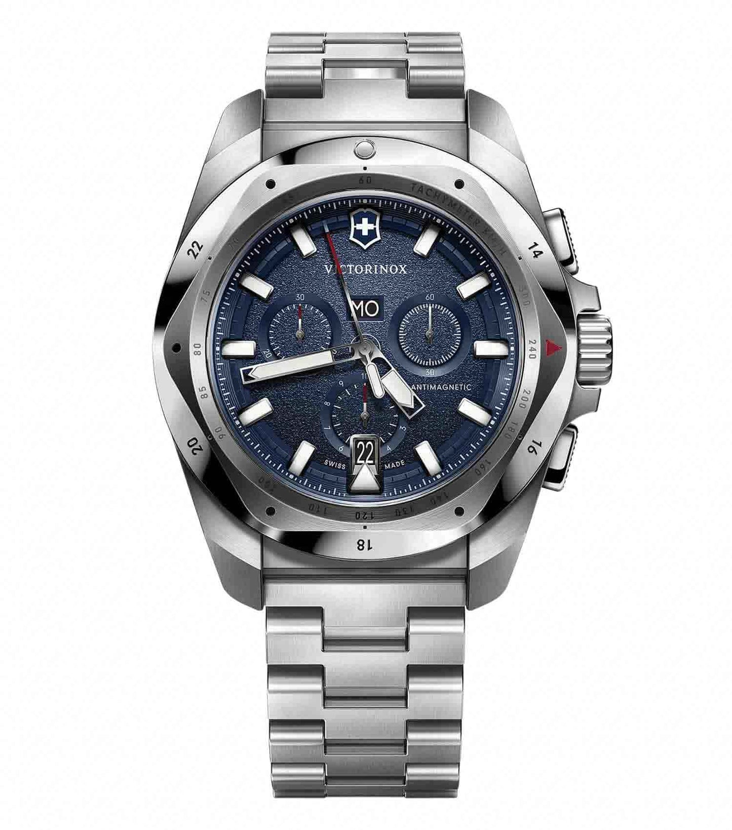Victorinox Swiss Army silver watch with sleek stainless steel bracelet, presented at a 43-degree angle, exuding timeless elegance.