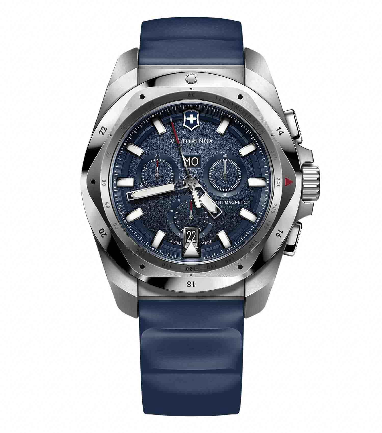 Victorinox Swiss Army blue watch with striking dial at a 43-degree angle, showcasing elegant design and precise craftsmanship.