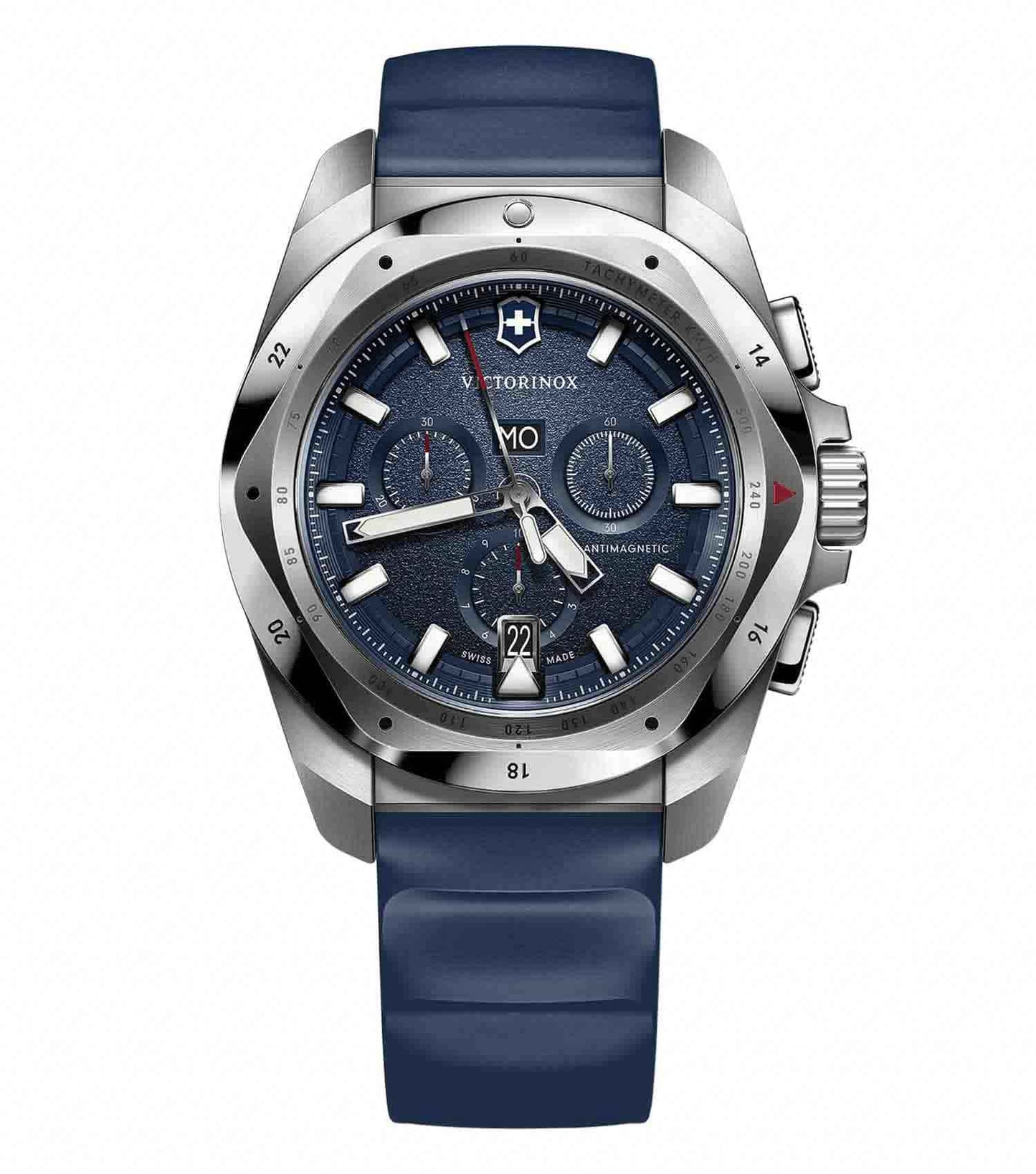 Victorinox Swiss Army blue watch with striking dial at a 43-degree angle, showcasing elegant design and precise craftsmanship.