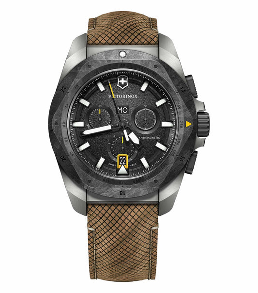 Victorinox Swiss Army black watch with leather strap, front angle showcasing round face, precise detailing, luxury timepiece.