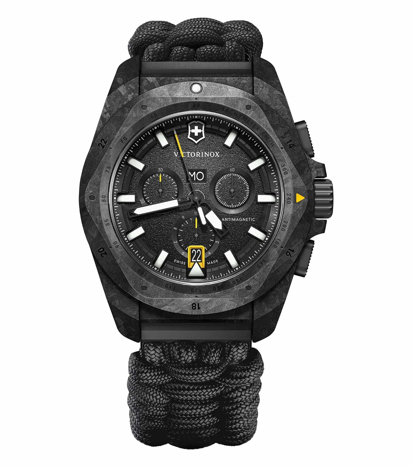 Victorinox Swiss Army black wristwatch with stainless steel casing viewed from a 45-degree angle showcasing elegant craftsmanship.