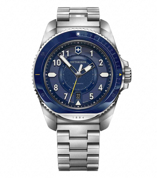 Victorinox Swiss Army watch in silver, side angle view showing detailed dial, robust stainless steel bracelet, and iconic logo.