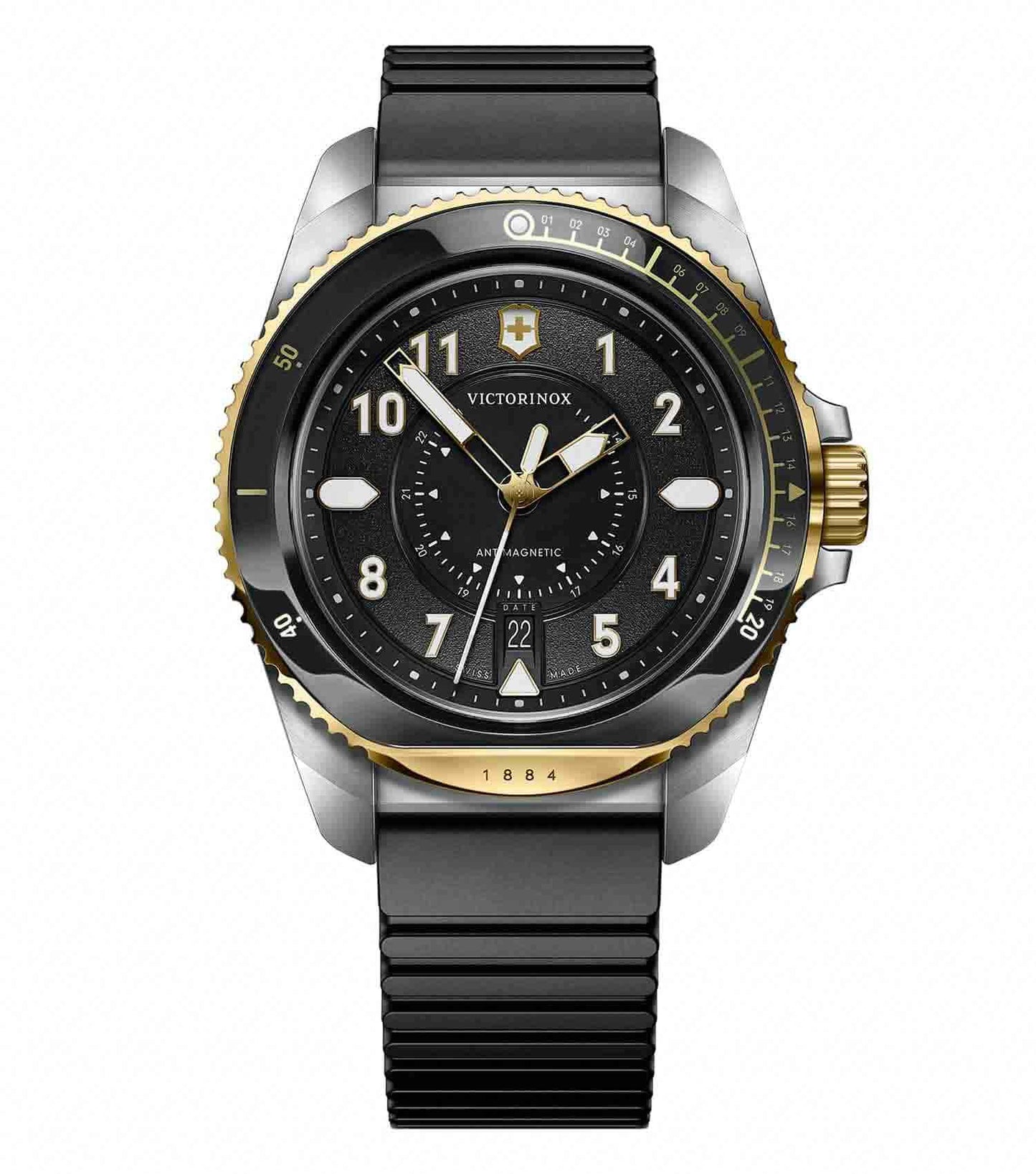 Black Victorinox Swiss Army watch with sleek dial and silver accents, showcased from an angled side view for a classic look.