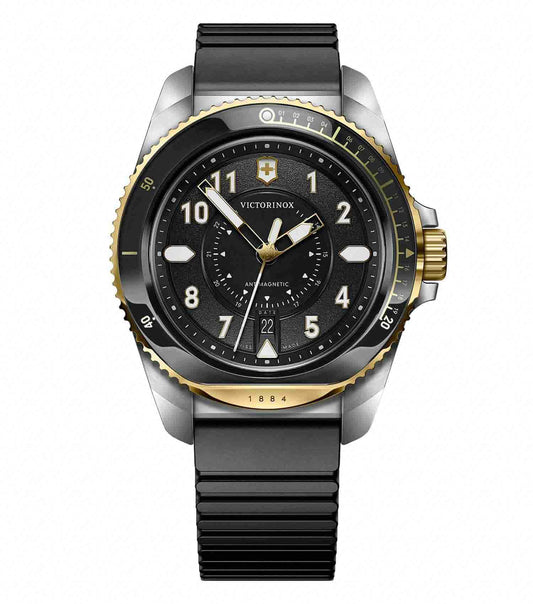 Black Victorinox Swiss Army watch with sleek dial and silver accents, showcased from an angled side view for a classic look.