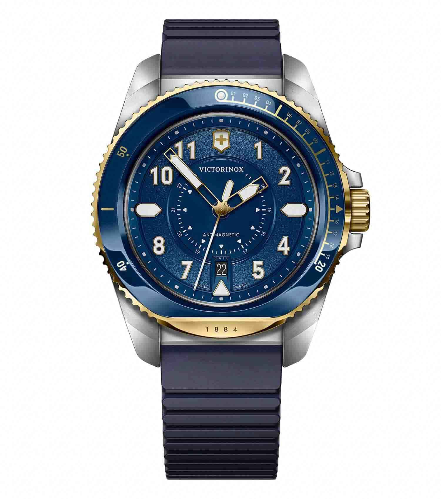 Passionate about Swiss precision, the Victorinox Swiss Army watch in striking blue, showcased at an elegant angle.