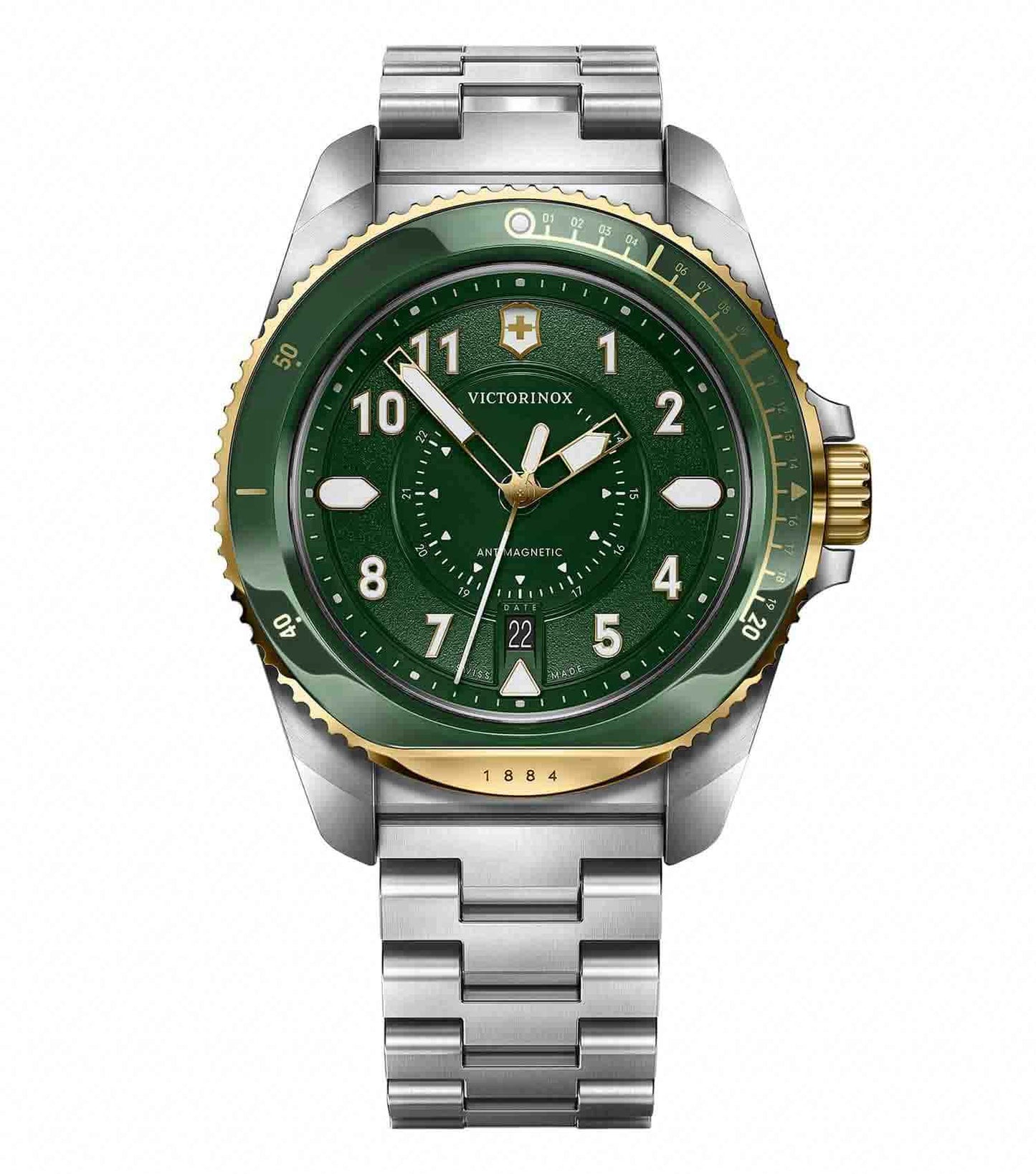 Victorinox Swiss Army silver watch, angled view, showcases a sleek round face and stainless steel bracelet, emphasizing timeless elegance.
