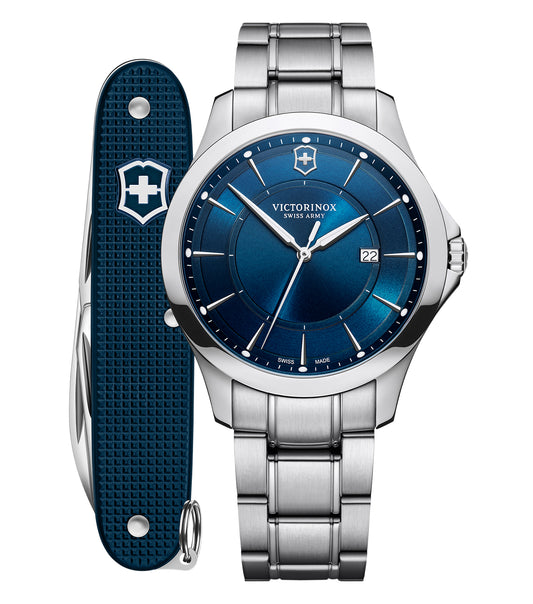 Victorinox Swiss Army watch with a black dial, silver case, and sleek strap displayed at a slight angle, showcasing precision.