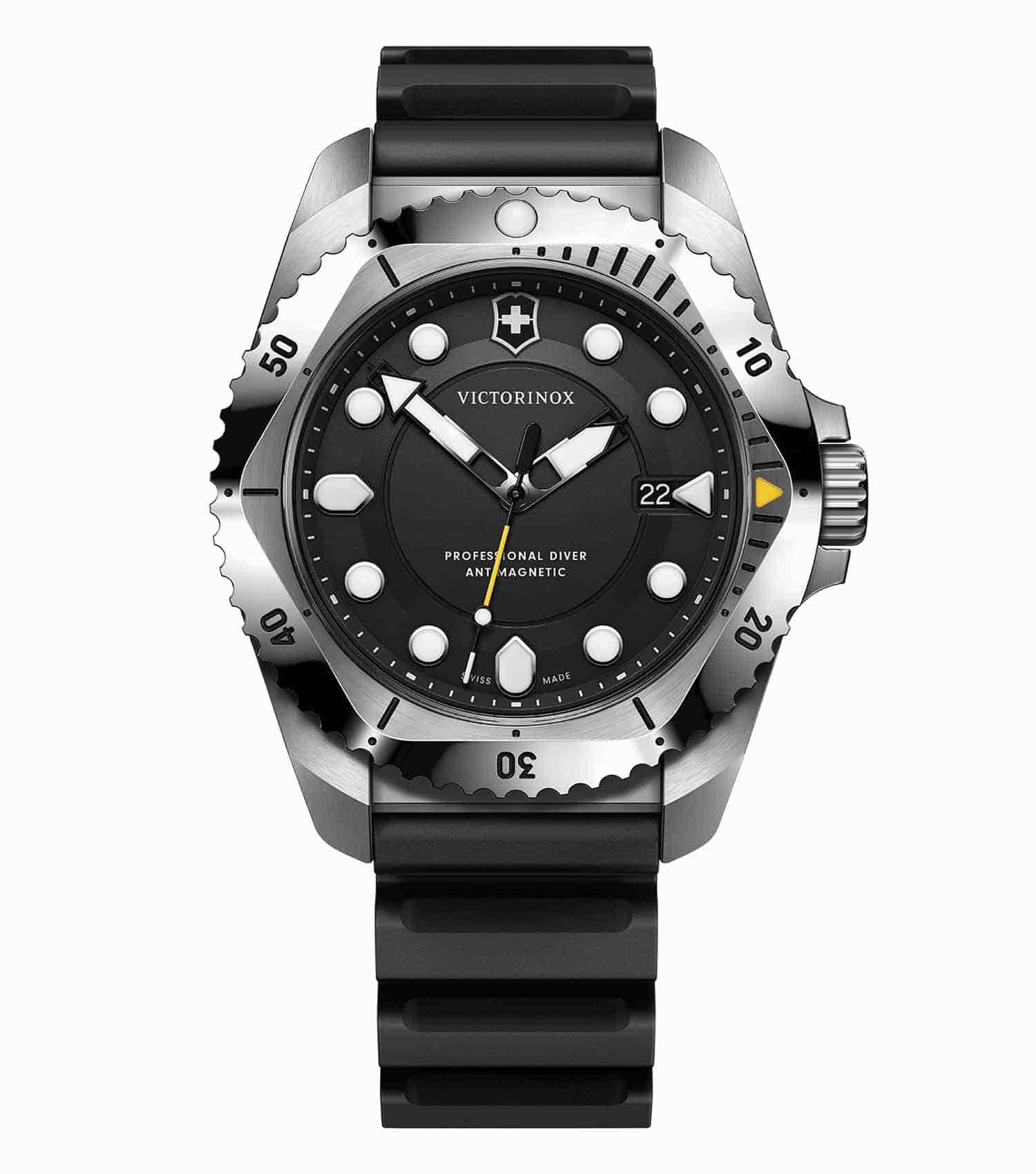 Victorinox Swiss Army men's watch, black dial, silver bezel, angled slightly from top-right, sleek design, luxury timepiece.