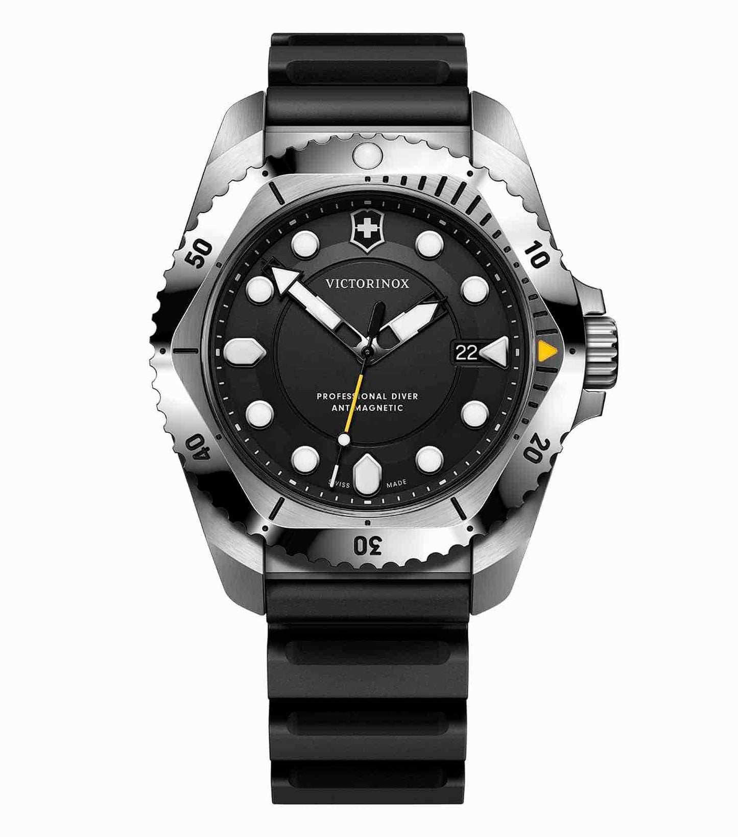 Victorinox Swiss Army men's watch, black dial, silver bezel, angled slightly from top-right, sleek design, luxury timepiece.
