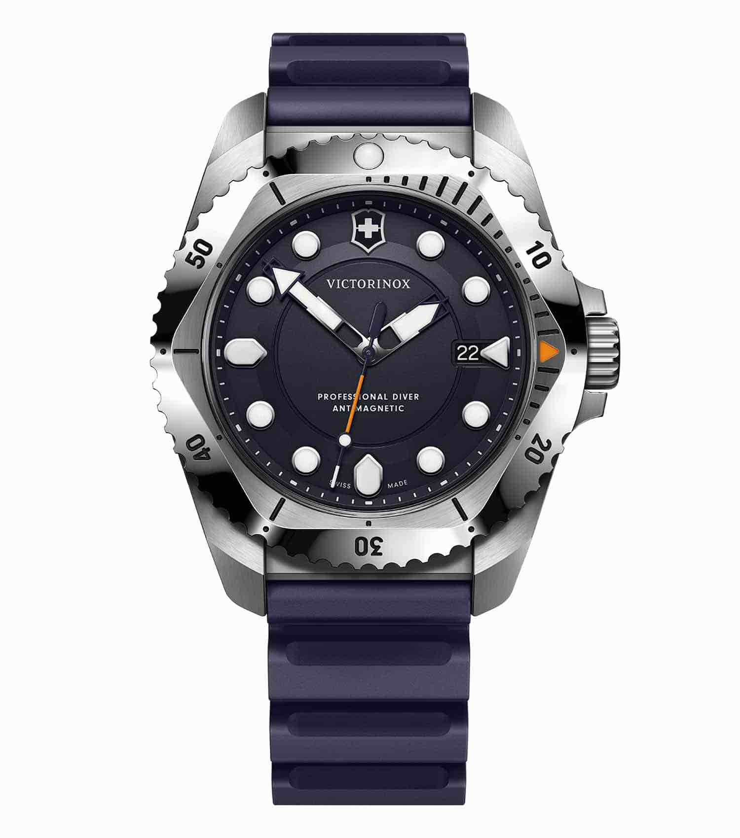 Victorinox Swiss Army quartz watch in silver, front-angle view, highlighting its sleek stainless steel design.