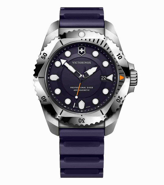 Victorinox Swiss Army quartz watch in silver, front-angle view, highlighting its sleek stainless steel design.