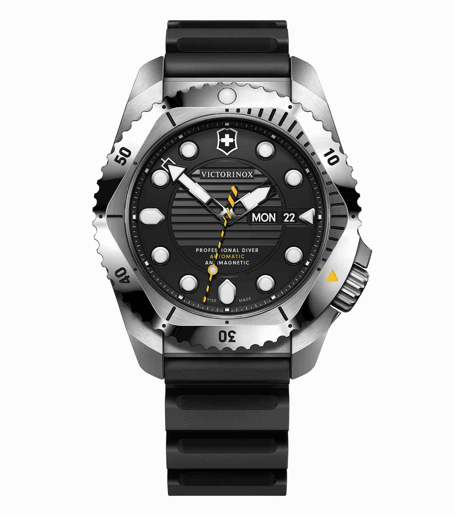 Victorinox Swiss Army watch with a blue dial and stainless steel bracelet, displayed at a 43-degree angle, showcasing elegance and precision.