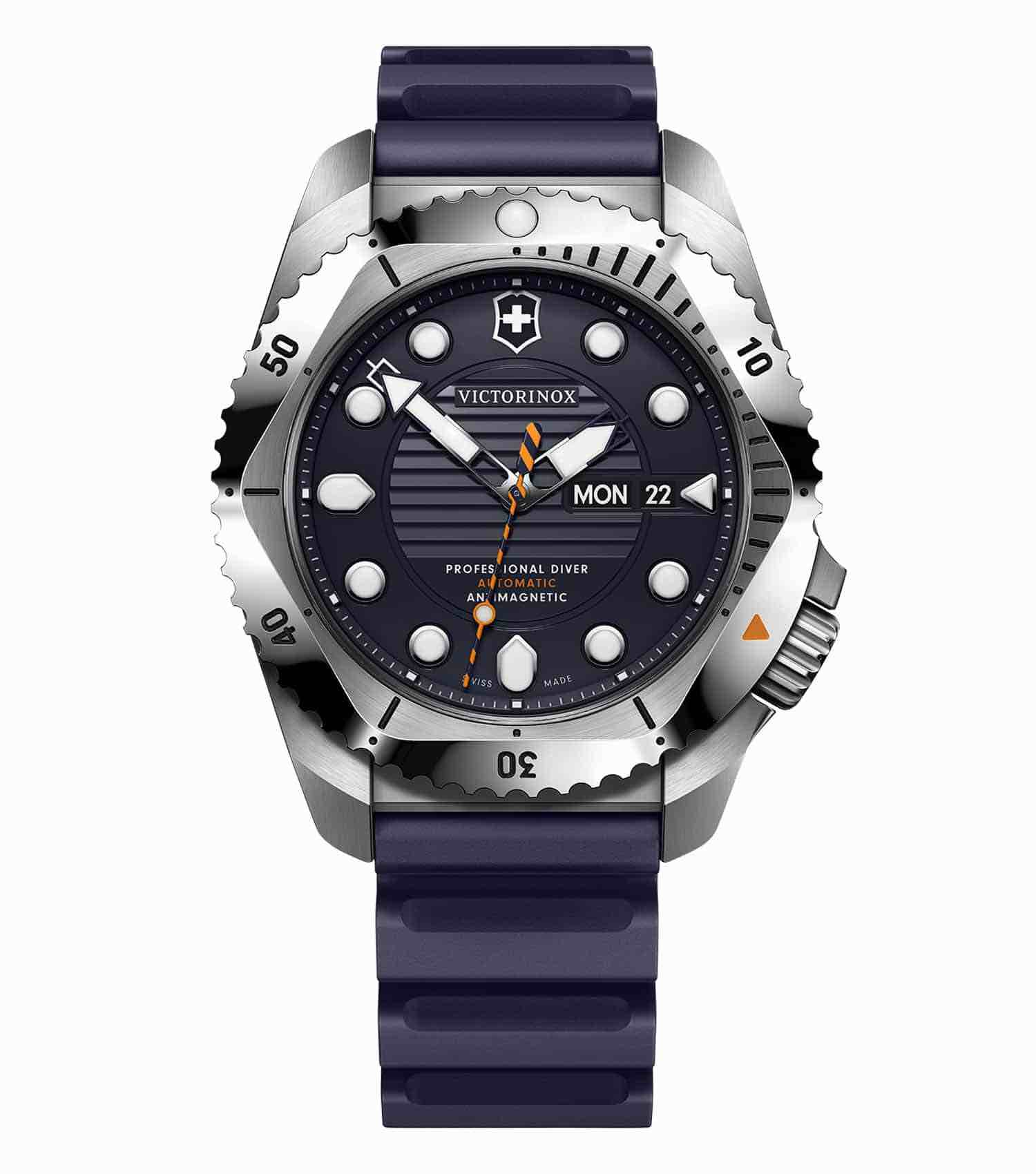 VictorInox Swiss Army watch, front angle; sleek, stainless steel design, black strap, minimalistic timepiece with black dial.