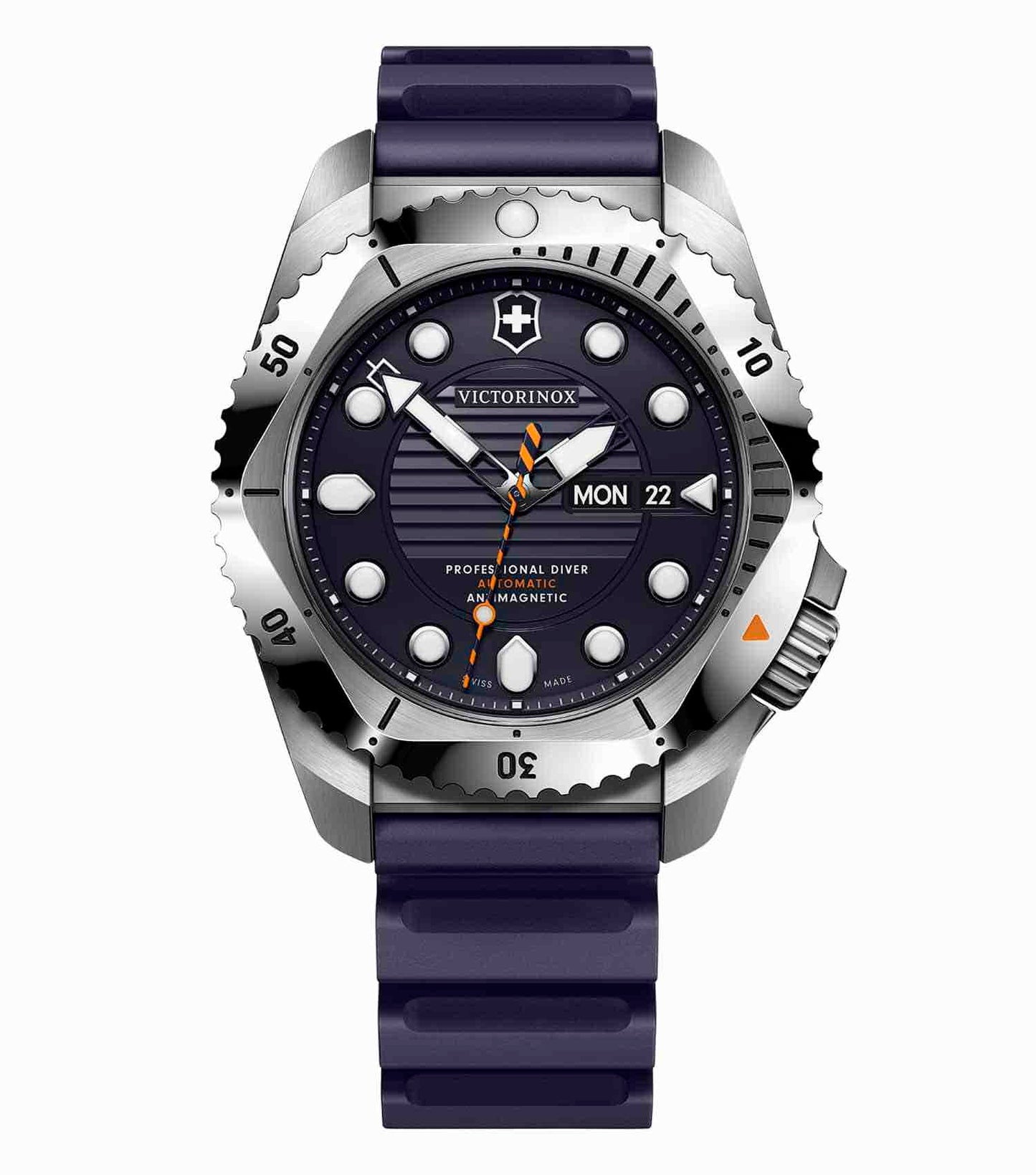 VictorInox Swiss Army watch, front angle; sleek, stainless steel design, black strap, minimalistic timepiece with black dial.