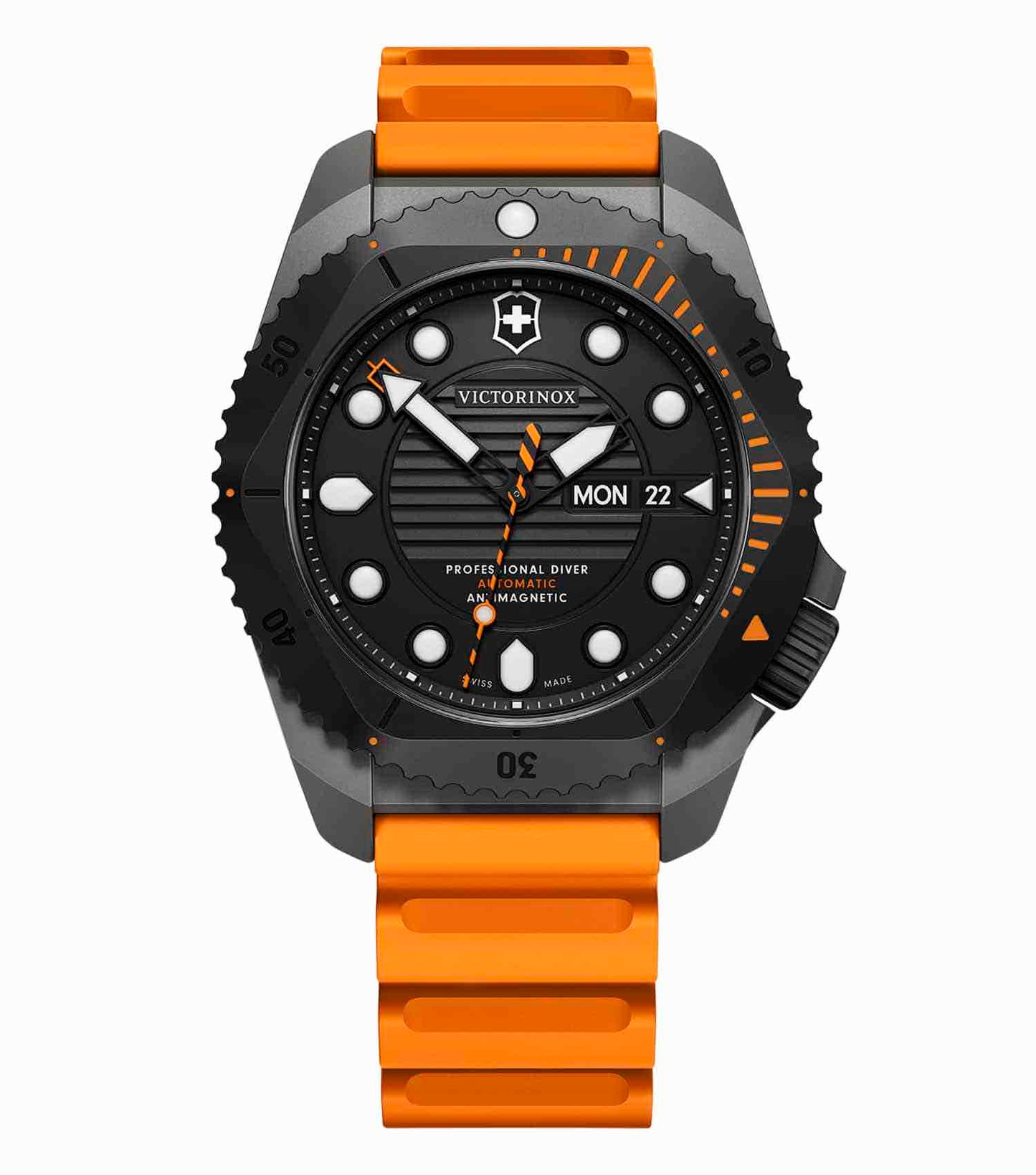 Victorinox Swiss Army orange watch seen from a side angle with precise details showcasing silver accents and durable strap design.