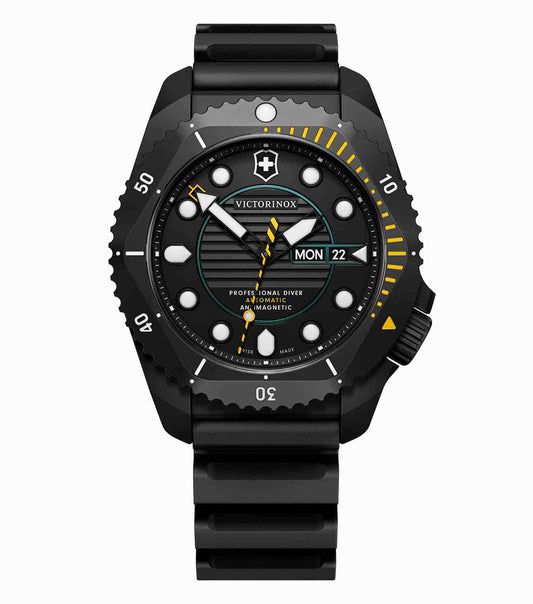Victorinox Swiss Army watch in elegant black color on angled display; highlights intricate details of luxury timepiece design.