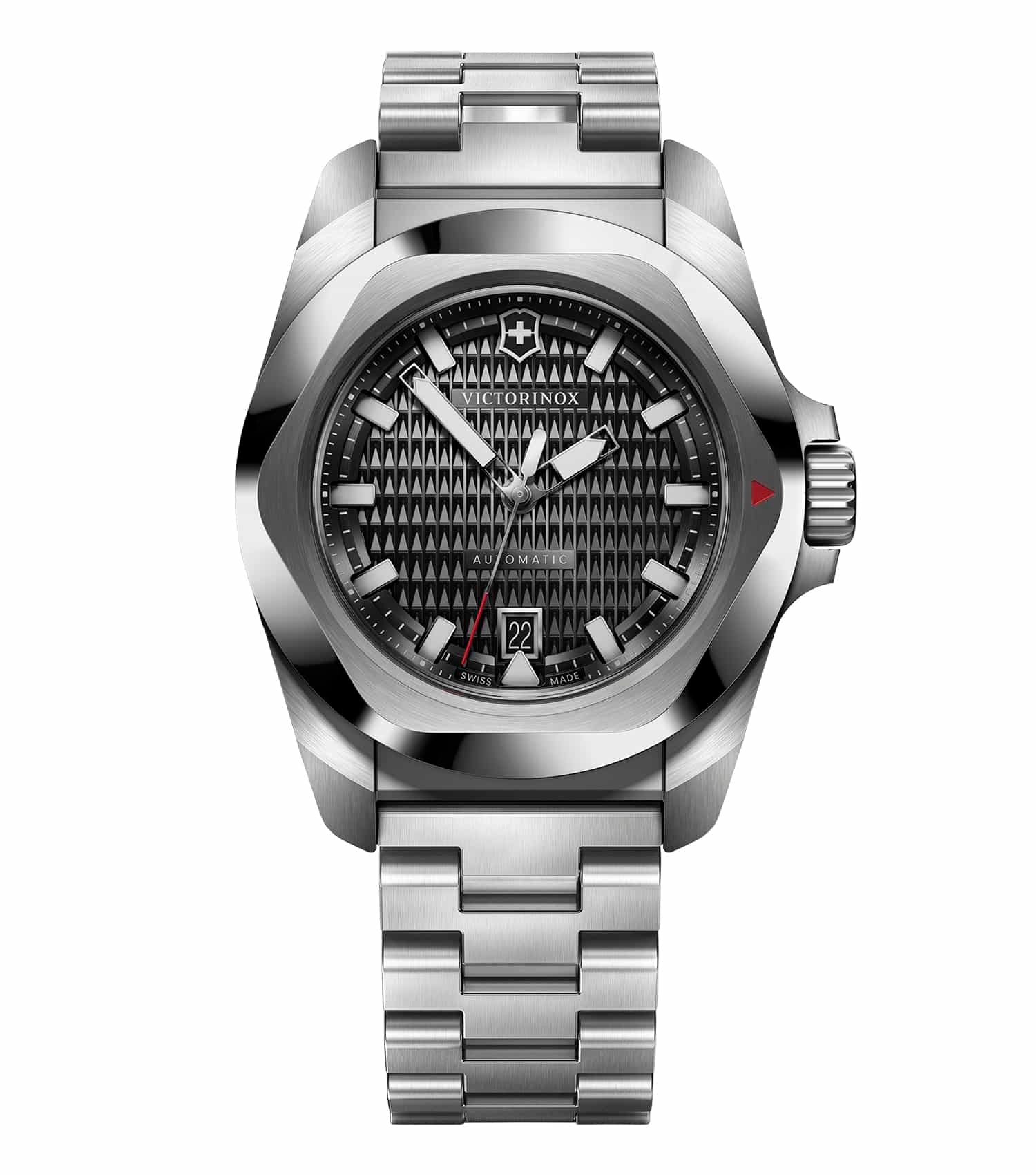 Victorinox Swiss Army steel color watch, front view; elegant timepiece with a sleek design, featuring metallic strap and round dial.