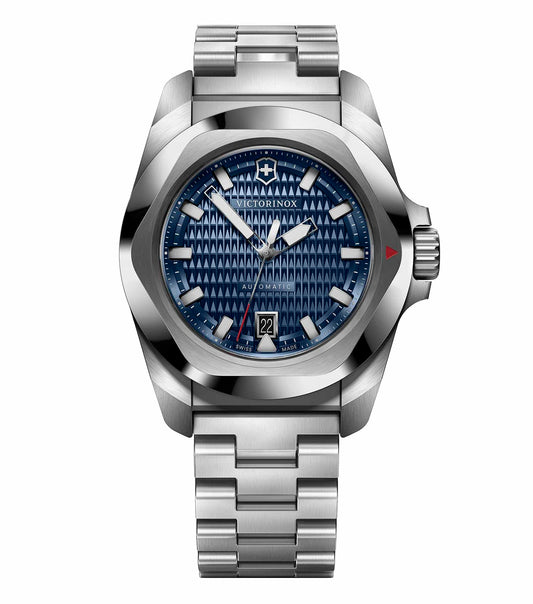 Victorinox Swiss Army steel watch, front angle view, showcasing intricate watch face design and elegant silver-tone craftsmanship.