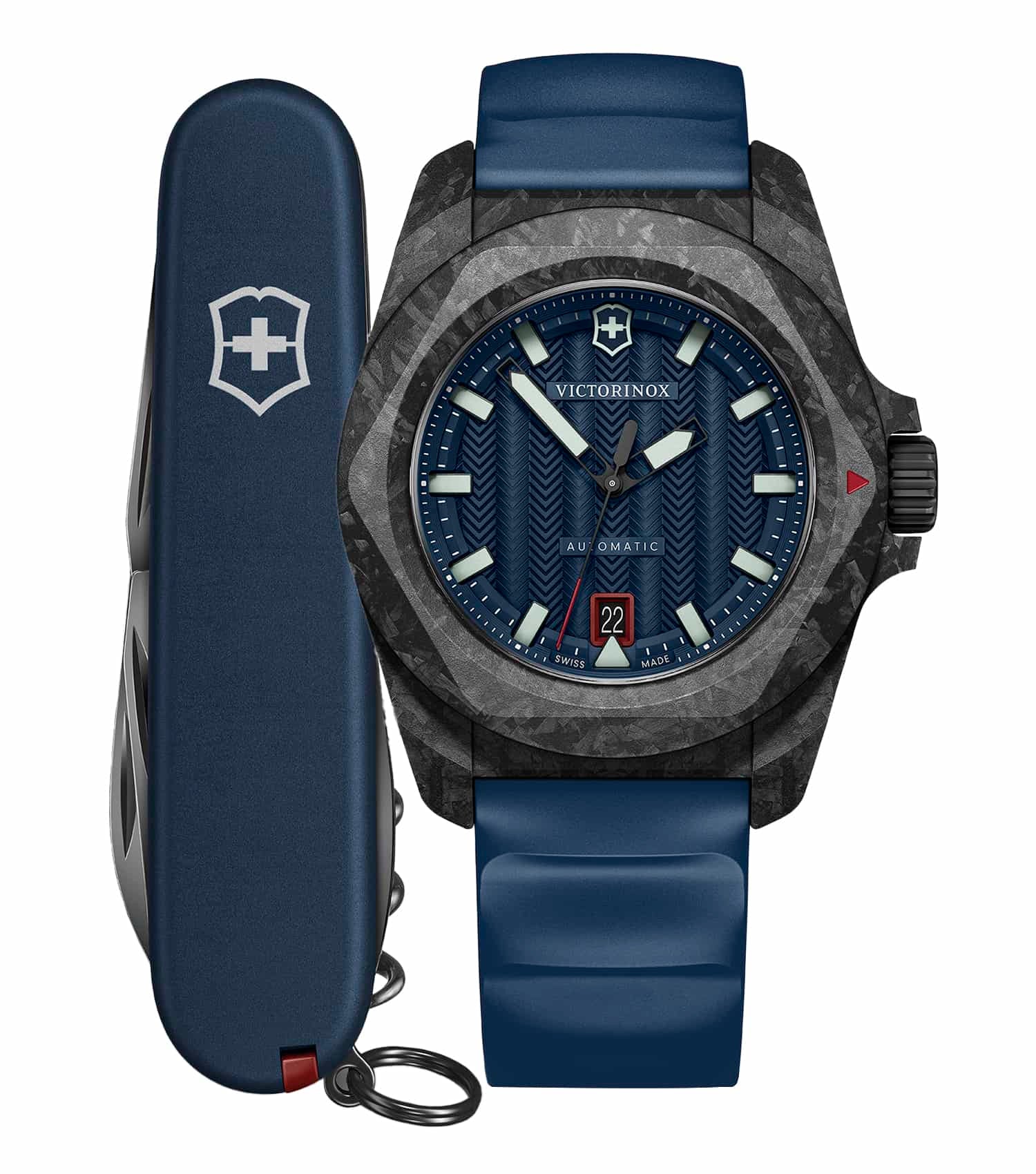 Victorinox Swiss Army wristwatch in carbon color, displayed at an angled overhead view, showcasing its dial and stainless steel accents.