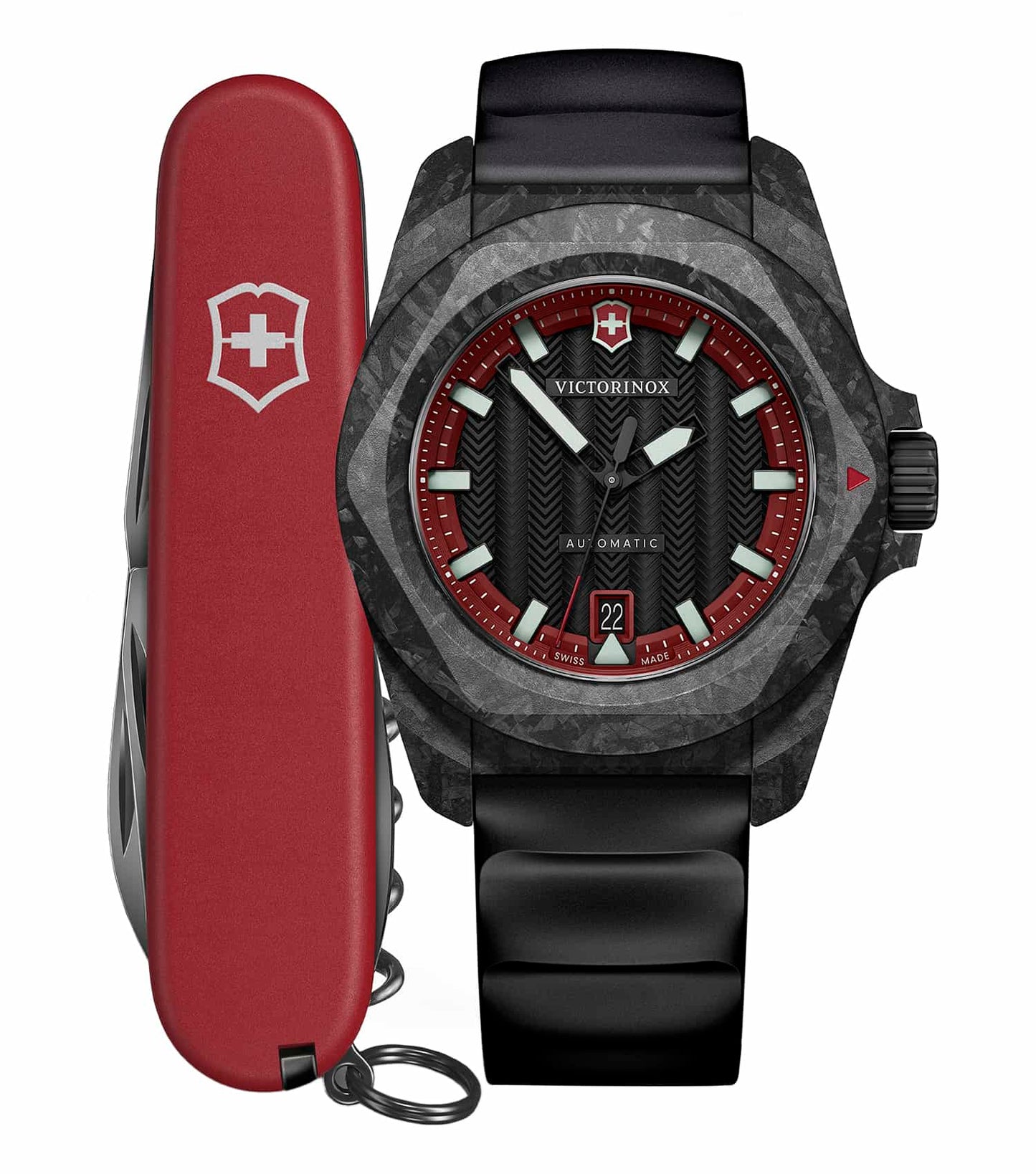Victorinox Swiss Army carbon color watch, angled to show distinctive dial, sleek band, and bold craftsmanship in fine detail.