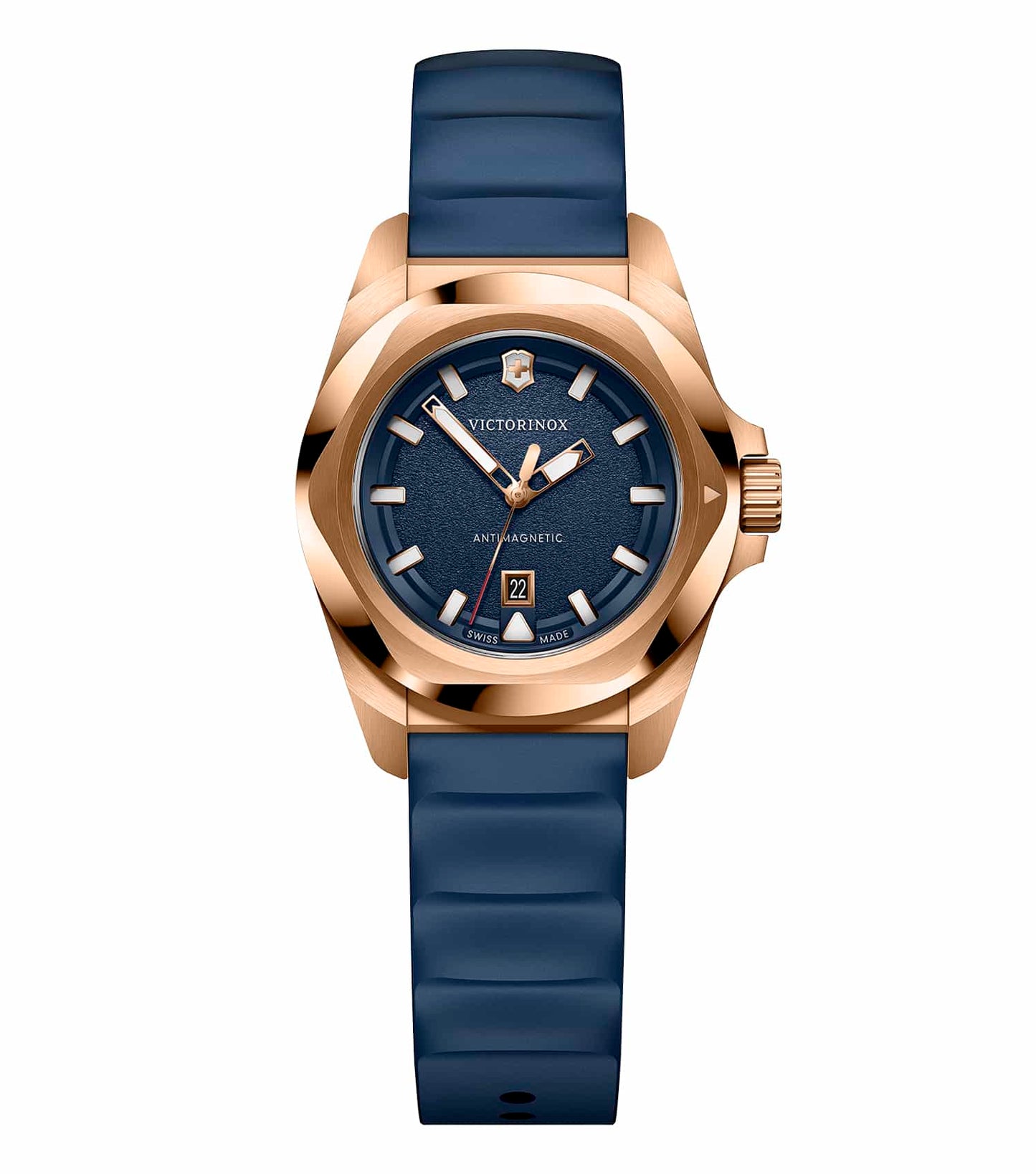 Victorinox Swiss Army elegant blue watch with a durable strap, showcased at a dynamic angle, highlighting premium craftsmanship.