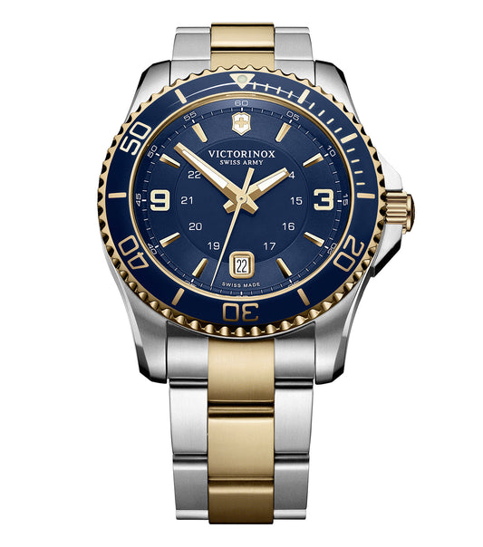 Victorinox Swiss Army quartz watch in classic color, viewed at a slight angle, showcasing its elegant design and sturdy strap.