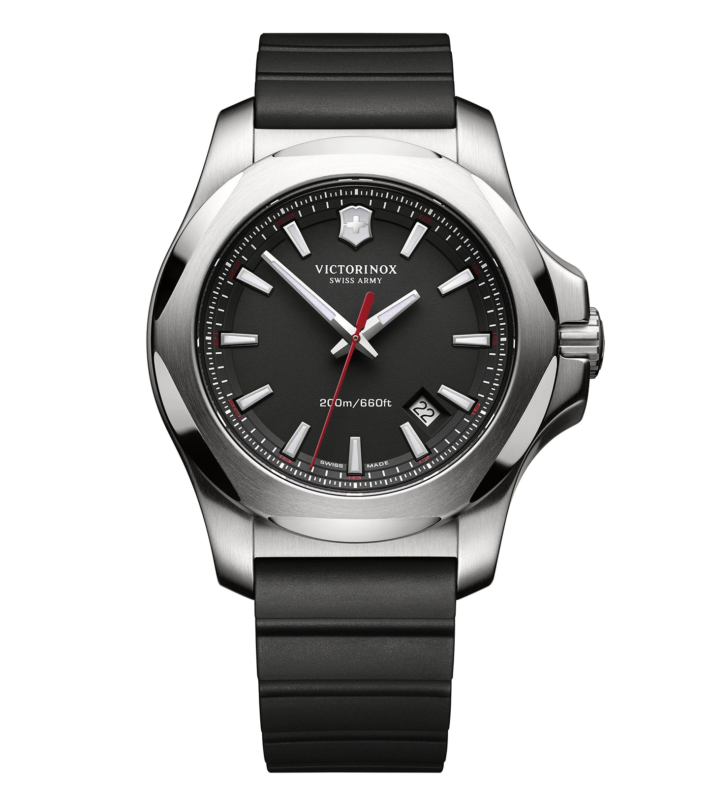 Victorinox Swiss Army watch on white background, featuring a dark green dial and silver accents, angled at 43 degrees for a sleek look.