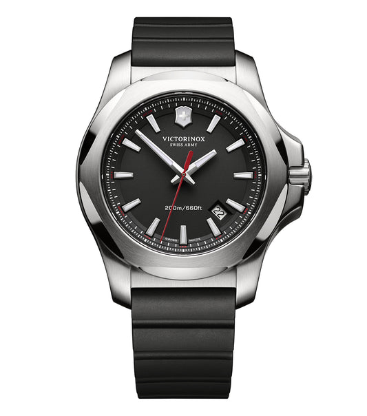 Victorinox Swiss Army watch on white background, featuring a dark green dial and silver accents, angled at 43 degrees for a sleek look.