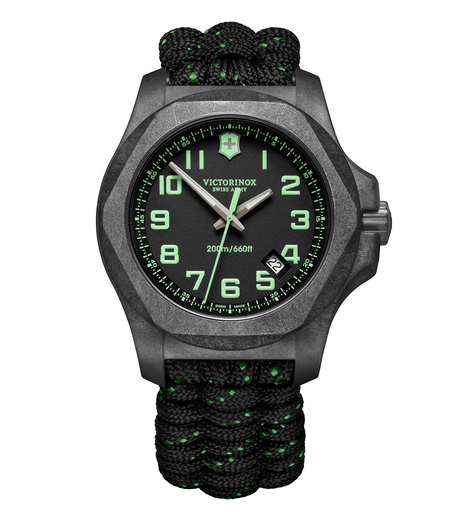 VictorInox Swiss Army blue watch in side angle; elegant, easygoing flow; showcases durable metal strap and precise details.