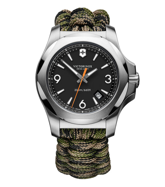 Blue Victorinox Swiss Army watch angled elegantly, showcasing its sophisticated dial, perfect for watch enthusiasts.