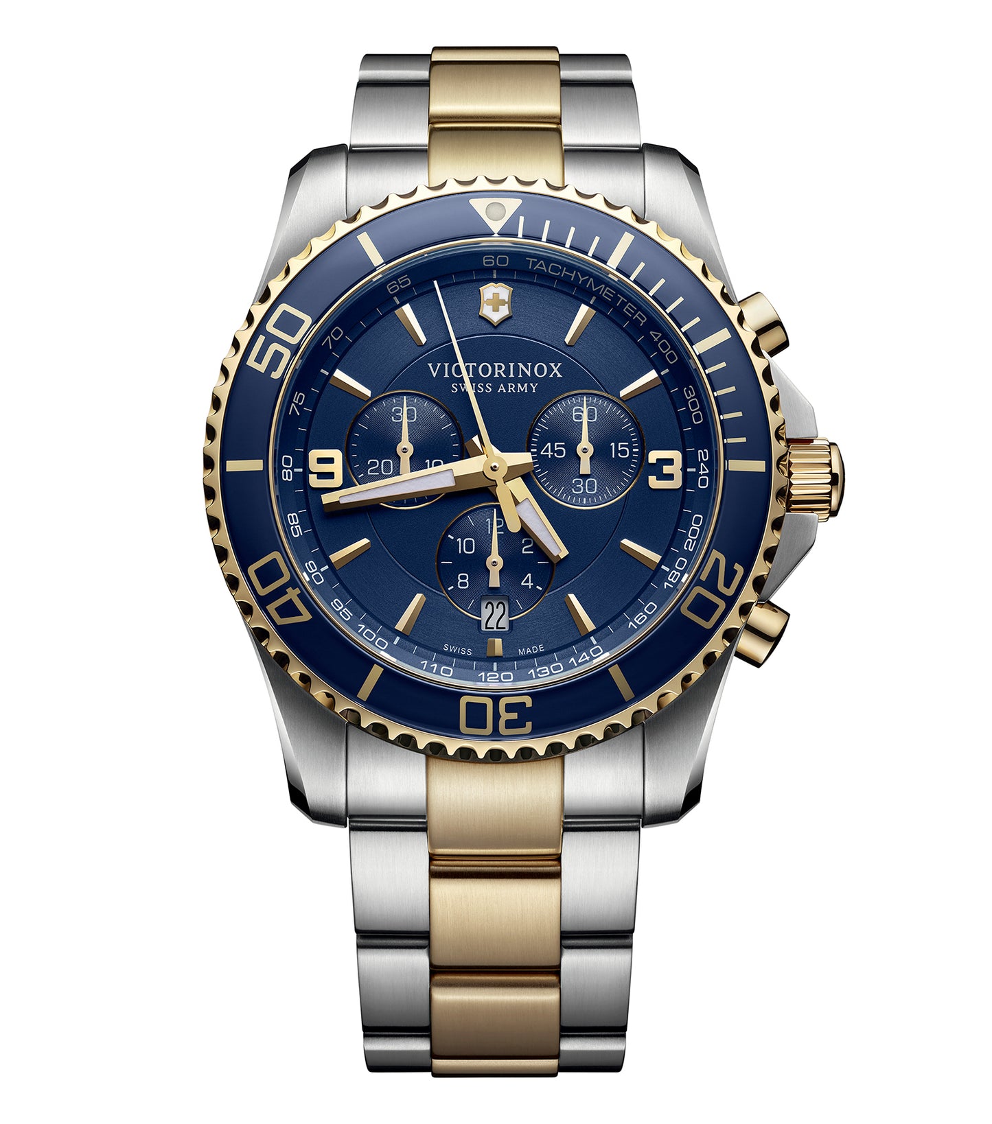 Victorinox Swiss Army blue watch, elegantly showcased at a striking angle, highlighting its premium craftsmanship and design allure.